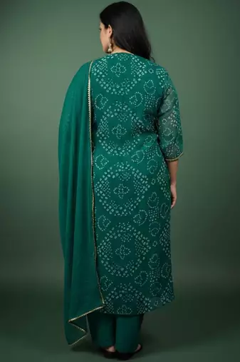 Plus Size Bandhani Printed Regular Kurta with Trousers & With Dupatta