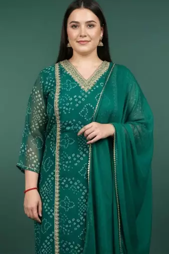 Plus Size Bandhani Printed Regular Kurta with Trousers & With Dupatta
