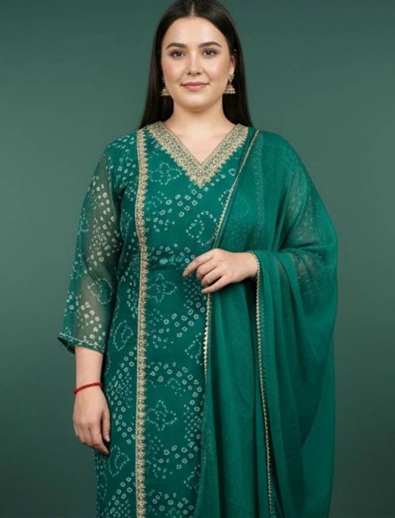 Plus Size Bandhani Printed Regular Kurta with Trousers & With Dupatta