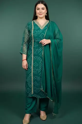 Plus Size Bandhani Printed Regular Kurta with Trousers & With Dupatta