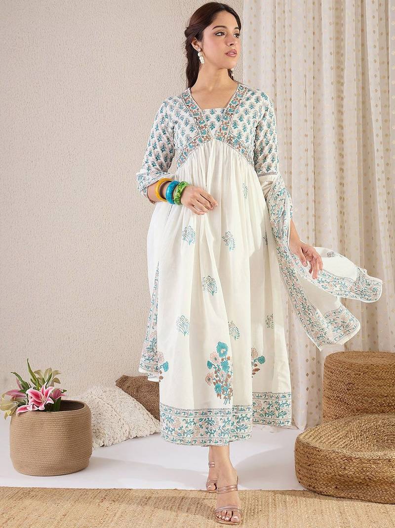 Floral Printed V Neck Empire A Line Pure Cotton Kurta With Trousers & Dupatta