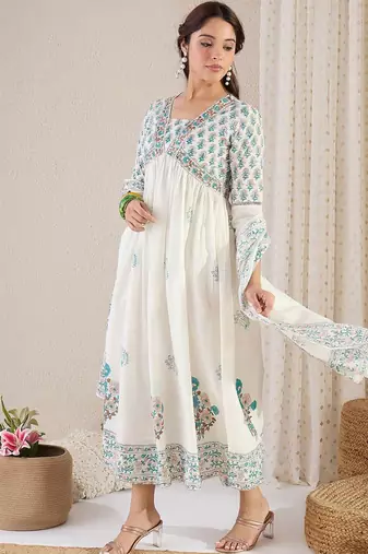 Floral Printed V Neck Empire A Line Pure Cotton Kurta With Trousers & Dupatta