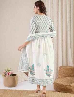 Floral Printed V Neck Empire A Line Pure Cotton Kurta With Trousers & Dupatta 4