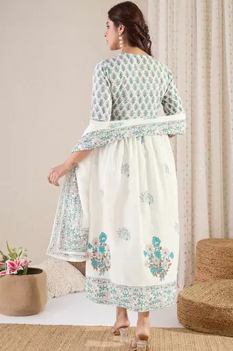 Floral Printed V Neck Empire A Line Pure Cotton Kurta With Trousers & Dupatta