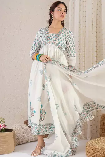 Floral Printed V Neck Empire A Line Pure Cotton Kurta With Trousers & Dupatta