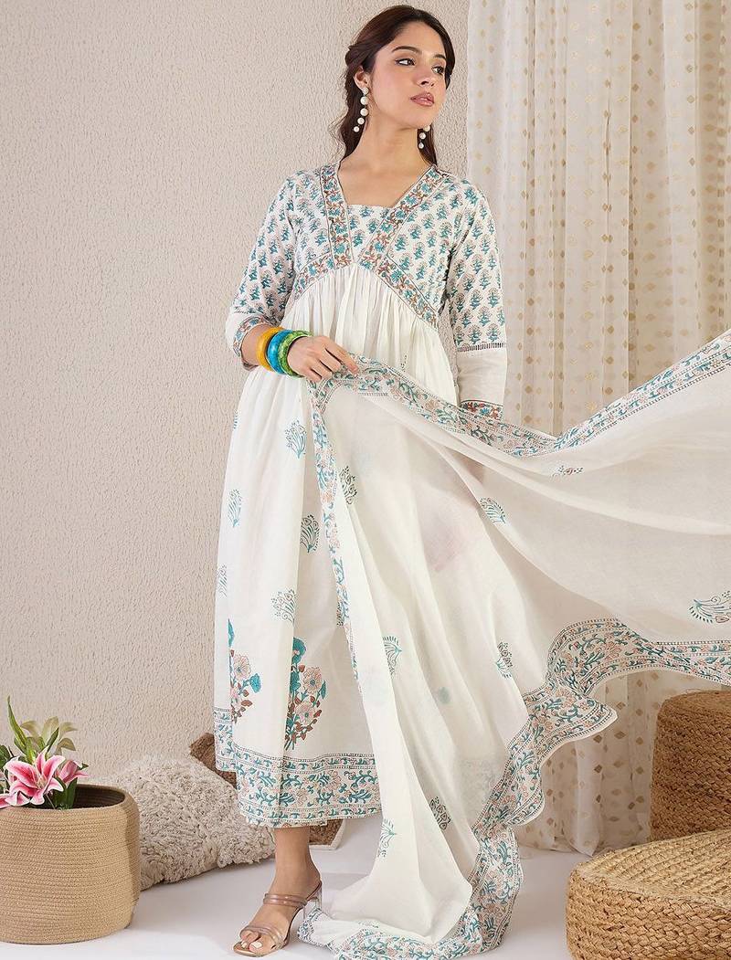 Floral Printed V Neck Empire A Line Pure Cotton Kurta With Trousers & Dupatta
