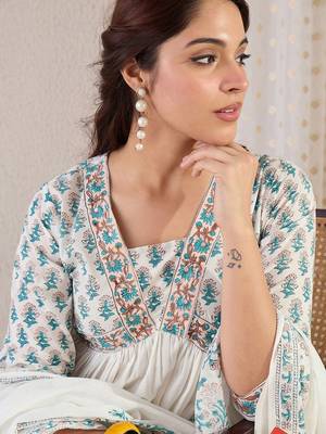 Floral Printed V Neck Empire A Line Pure Cotton Kurta With Trousers & Dupatta 6