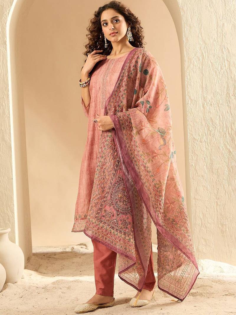 Women Embroidered Kurta with Trousers & Dupatta