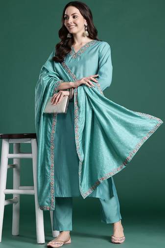 Floral Embroidered Thread Work Kurta with Trousers & With Dupatta