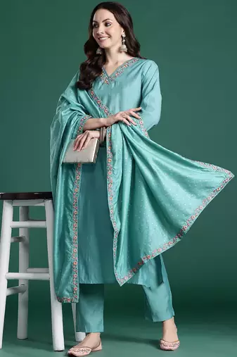 Floral Embroidered Thread Work Kurta with Trousers & With Dupatta