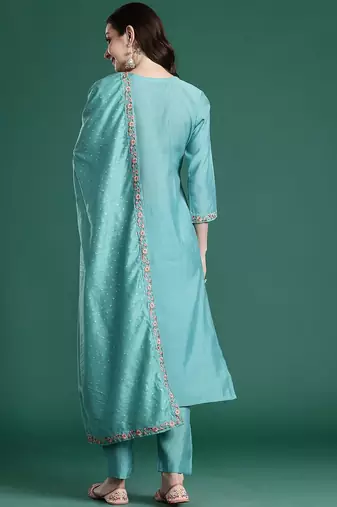 Floral Embroidered Thread Work Kurta with Trousers & With Dupatta