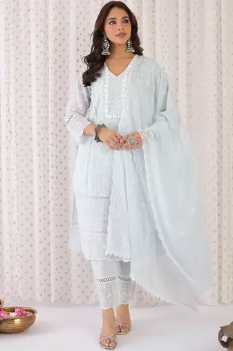 Women Ethnic Motifs Thread Work Pure Cotton Kurta with Trousers & With Dupatta