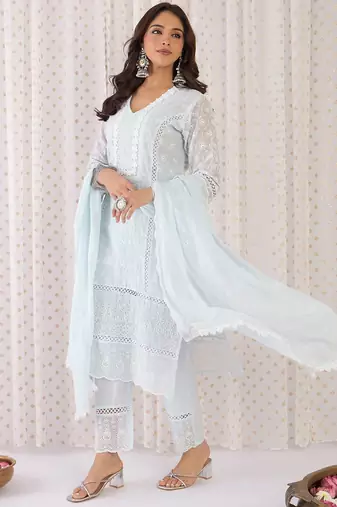 Women Ethnic Motifs Thread Work Pure Cotton Kurta with Trousers & With Dupatta