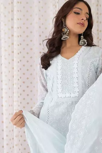 Women Ethnic Motifs Thread Work Pure Cotton Kurta with Trousers & With Dupatta
