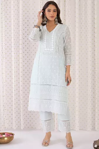 Women Ethnic Motifs Thread Work Pure Cotton Kurta with Trousers & With Dupatta