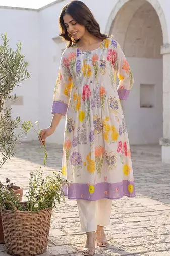Printed  Cotton A-Line Kurta with Trousers Kurta Set