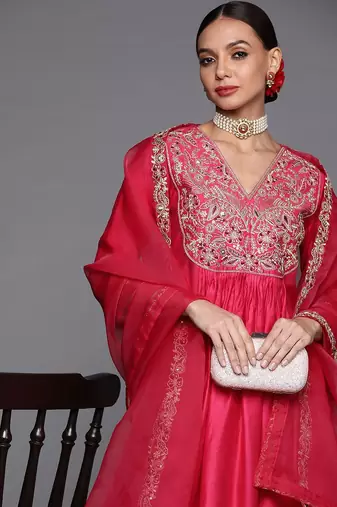 Women Pink & Gold Yoke Embroidered Sequinned A-Line Kurta Palazzos Dupatta