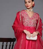 Women Pink & Gold Yoke Embroidered Sequinned A-Line Kurta Palazzos Dupatta