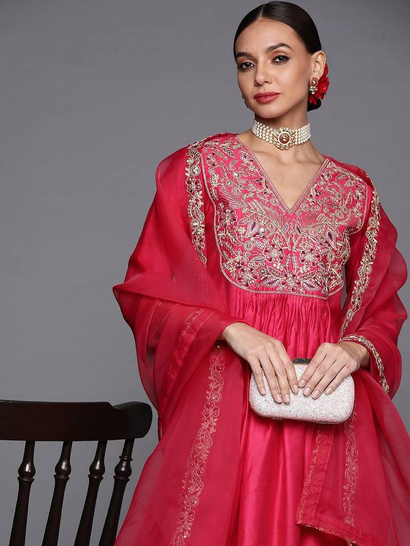 Women Pink & Gold Yoke Embroidered Sequinned A-Line Kurta Palazzos Dupatta