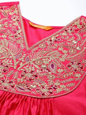 Women Pink & Gold Yoke Embroidered Sequinned A-Line Kurta Palazzos Dupatta 2