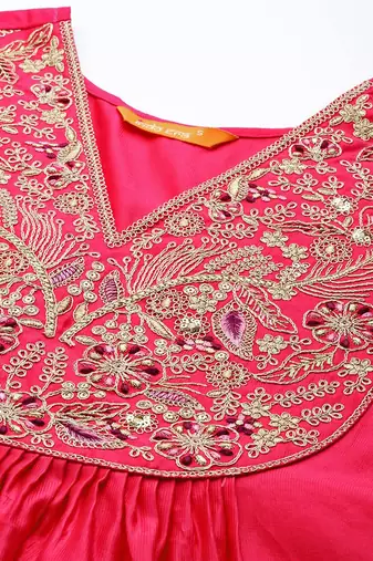 Women Pink & Gold Yoke Embroidered Sequinned A-Line Kurta Palazzos Dupatta