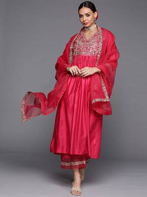 Women Pink & Gold Yoke Embroidered Sequinned A-Line Kurta Palazzos Dupatta 5