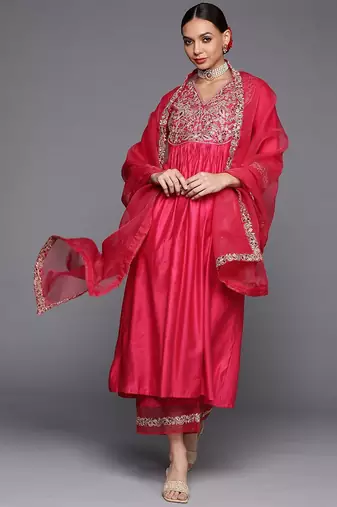 Women Pink & Gold Yoke Embroidered Sequinned A-Line Kurta Palazzos Dupatta