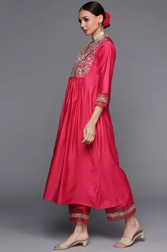 Women Pink & Gold Yoke Embroidered Sequinned A-Line Kurta Palazzos Dupatta
