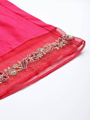 Women Pink & Gold Yoke Embroidered Sequinned A-Line Kurta Palazzos Dupatta 9