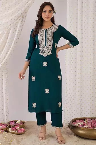 Women Embroidered Regular Kurta with Trousers