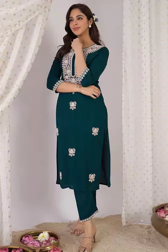 Women Embroidered Regular Kurta with Trousers