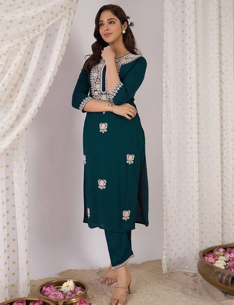 Women Embroidered Regular Kurta with Trousers