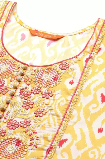 Women Yellow Ethnic Motifs Printed Sequinned Kurta with Trousers