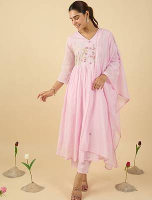 Women Embroidered Thread Work Pure Cotton Kurta with Trousers & With Dupatta 4