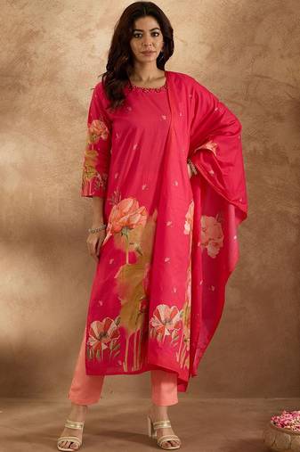 Women Floral Printed Regular Pure Cotton Kurta with Trousers & Dupatta