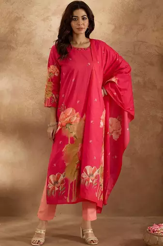 Women Floral Printed Regular  Cotton Kurta with Trousers & Dupatta
