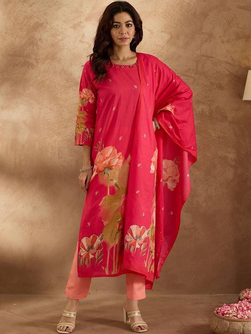 Women Floral Printed Regular Pure Cotton Kurta with Trousers & Dupatta