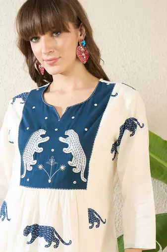 Embroidered Round Neck Three-Quarter Sleeves Pure Cotton Tunic And Trousers