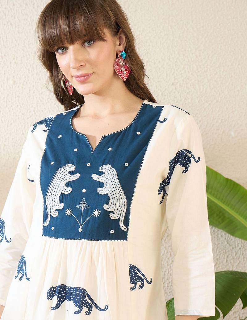 Embroidered Round Neck Three-Quarter Sleeves Pure Cotton Tunic And Trousers