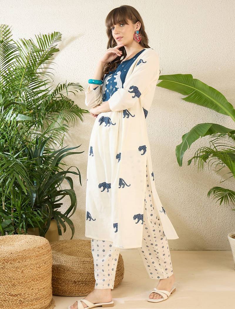 Embroidered Round Neck Three-Quarter Sleeves Pure Cotton Tunic And Trousers