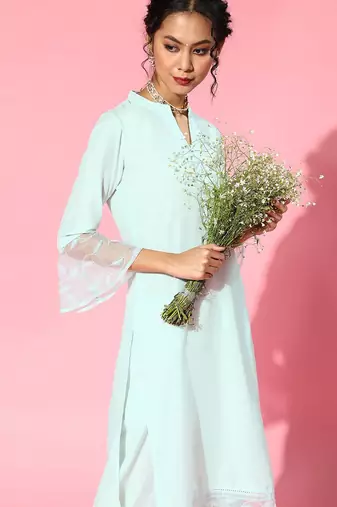 Blue Silk Blend Mandarin Collar Kurta Set