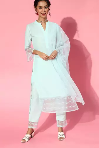 Blue Silk Blend Mandarin Collar Kurta Set