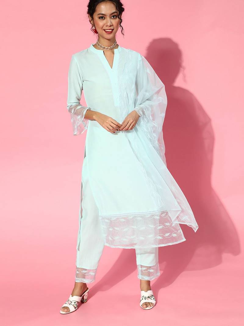 Blue Silk Blend Mandarin Collar Kurta Set