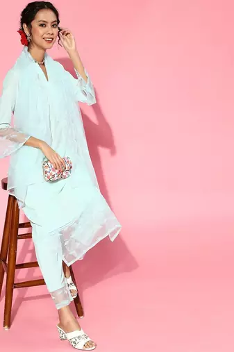 Blue Silk Blend Mandarin Collar Kurta Set
