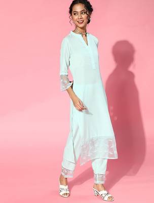 Blue Silk Blend Mandarin Collar Kurta Set 4