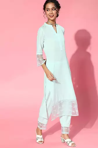 Blue Silk Blend Mandarin Collar Kurta Set