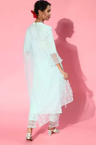 Blue Silk Blend Mandarin Collar Kurta Set