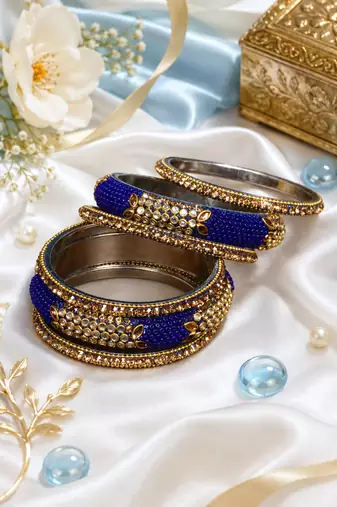 Stone Embellished Blue Seed Bead Bangles