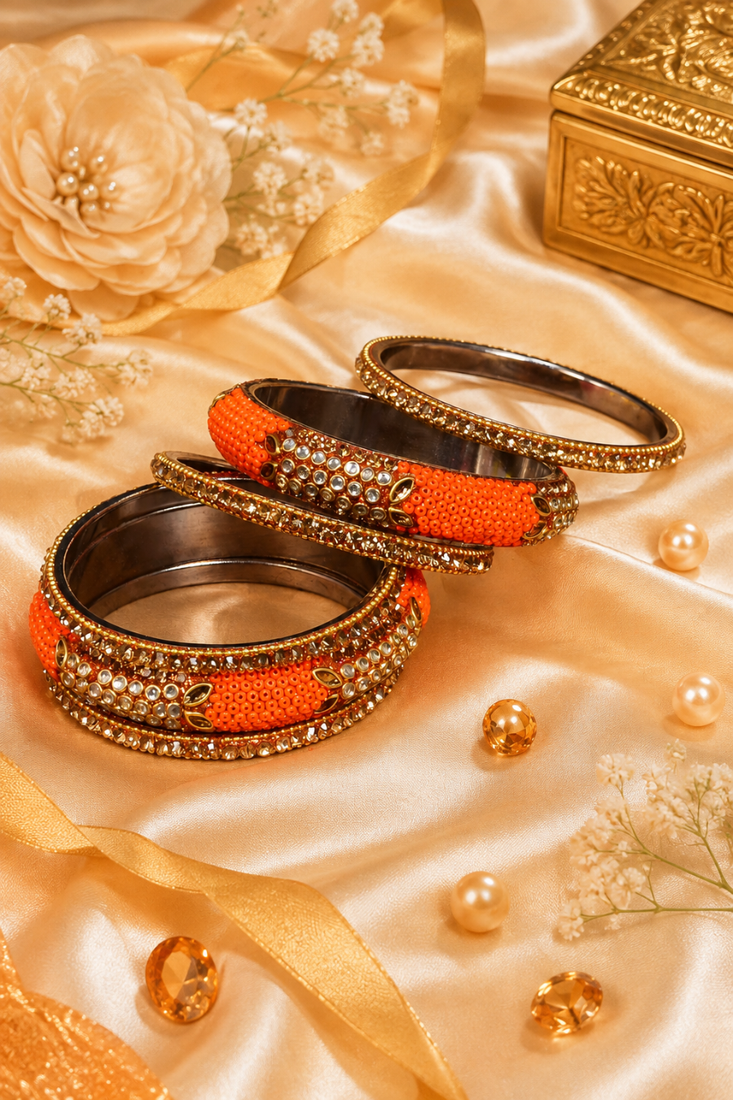 Stone embellished orange seed bead bangles