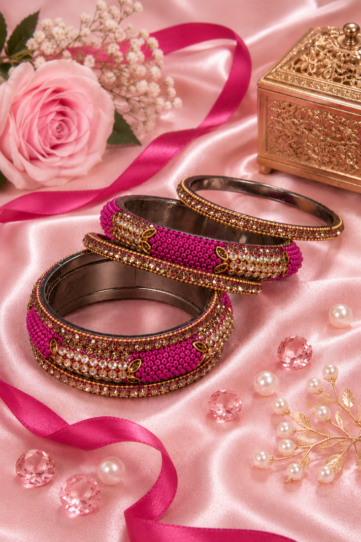 Stone embellished rani pink seed bead bangles